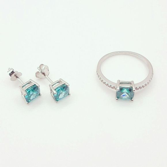 Mint Green cz Ring Stud Post Earrings Set Size 7 New - Picture 5 of 8